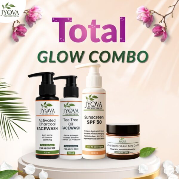 JYOVA Complete Skincare Combo – Charcoal Face Wash, Tea Tree Face Wash, Sunscreen SPF 50 & Anti Acne Cream | Daily Skin Protection & Acne Control Kit