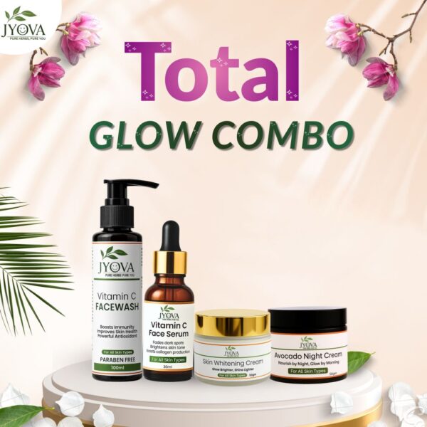 JYOVA Glow & Brightening Skincare Combo – Vitamin C Face Wash, Vitamin C Serum, Skin Whitening Cream & Avocado Night Cream | Complete Daily Skincare Kit