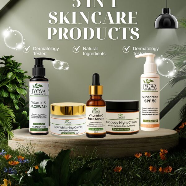 JYOVA 5 in 1 Skincare Combo for Men & Women | Vitamin C Facewash, Vitamin C Serum, Skin Whitening Cream, Avocado Night Cream & Sunscreen SPF 50