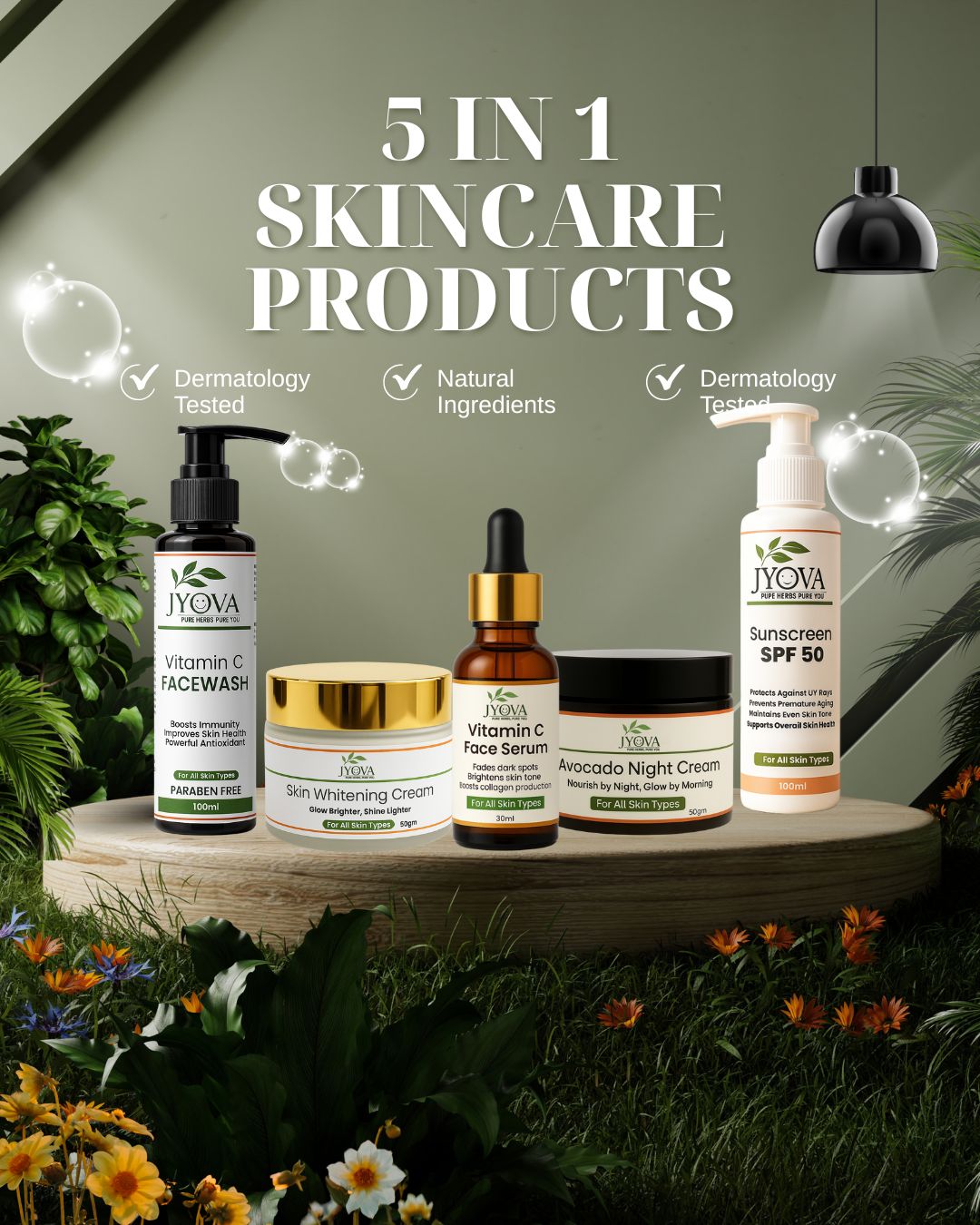 5 in 1 vitamin c JYOVA 5 in 1 Skincare Combo for Men & Women | Vitamin C Facewash, Vitamin C Serum, Skin Whitening Cream, Avocado Night Cream & Sunscreen SPF 50 - Image 1