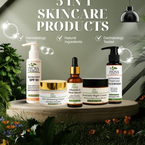 JYOVA 5 in 1 Complete Skincare Combo for Men & Women | Sunscreen SPF 50, Vitamin C Serum, Skin Whitening Cream, Avocado Night Cream & Activated Charcoal Facewash