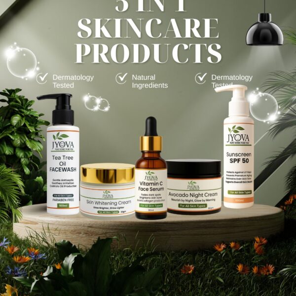 JYOVA 5 in 1 Skincare Combo for Men & Women | Tea Tree Facewash, Vitamin C Serum, Skin Whitening Cream, Avocado Night Cream & Sunscreen SPF 50