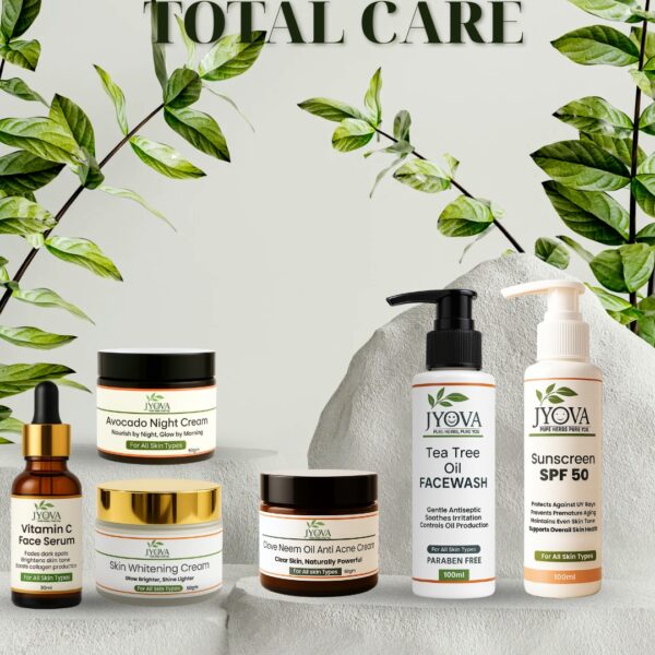 JYOVA 6 in 1 Total Care Complete Skincare Combo for Men & Women | Vitamin C Serum, Tea Tree Facewash, Whitening Cream, Anti Acne Cream, Avocado Night Cream & Sunscreen SPF 50