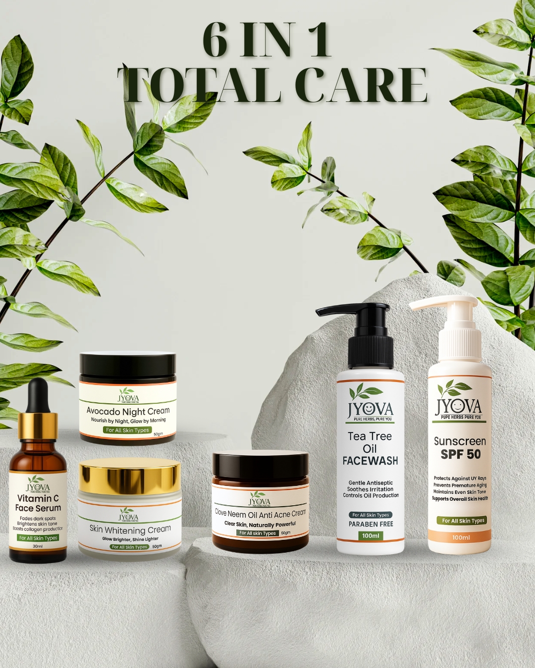 6 in 1 tea tree oil JYOVA 6 in 1 Total Care Complete Skincare Combo for Men & Women | Vitamin C Serum, Tea Tree Facewash, Whitening Cream, Anti Acne Cream, Avocado Night Cream & Sunscreen SPF 50 - Image 1