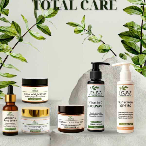 JYOVA 6 in 1 Complete Skincare Combo | Vitamin C Facewash, Sunscreen SPF 50, Vitamin C Serum, Skin Whitening Cream, Anti-Acne Cream & Avocado Night Cream — For Men & Women