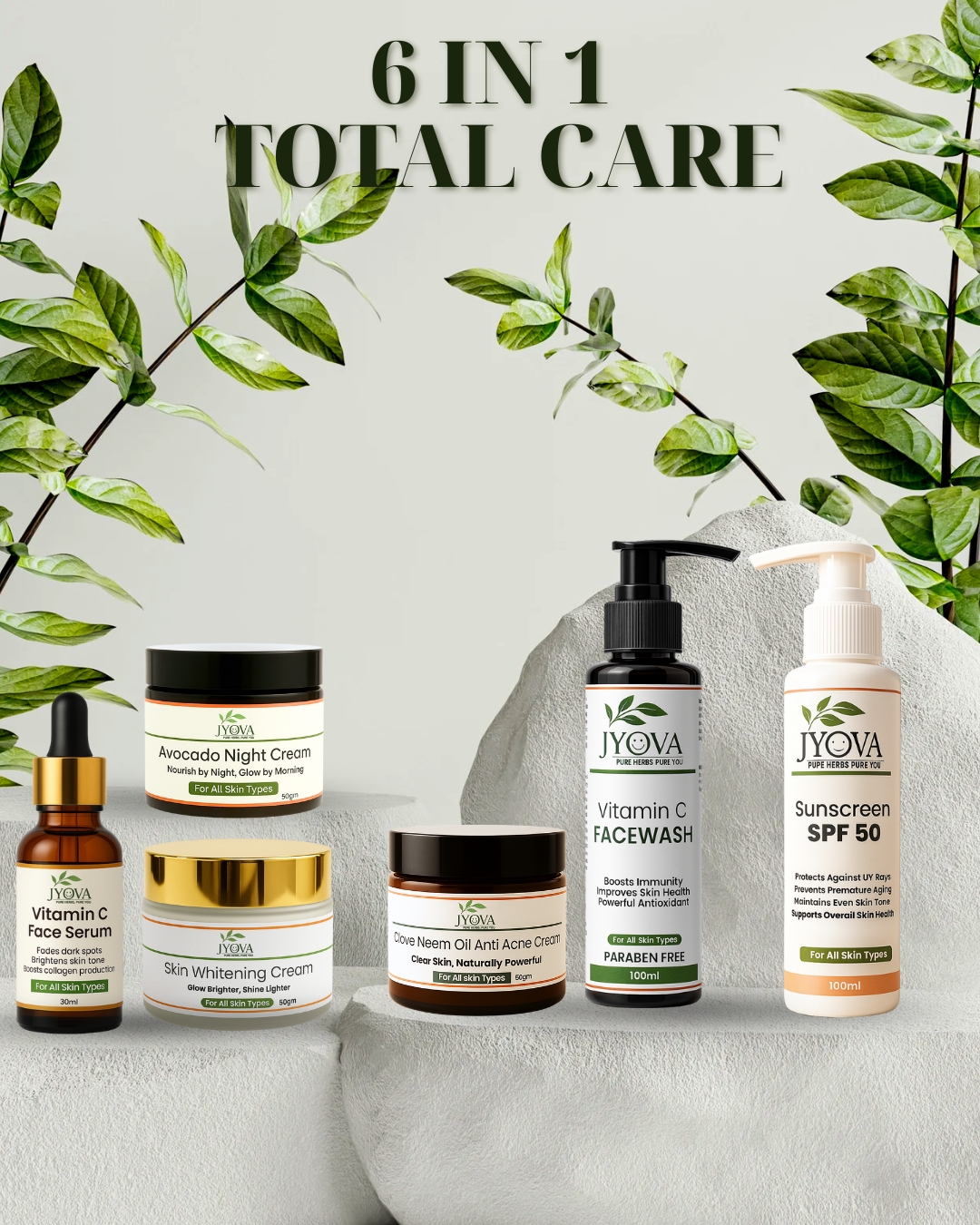 6 in 1 vitamin c JYOVA 6 in 1 Complete Skincare Combo | Vitamin C Facewash, Sunscreen SPF 50, Vitamin C Serum, Skin Whitening Cream, Anti-Acne Cream & Avocado Night Cream — For Men & Women - Image 1