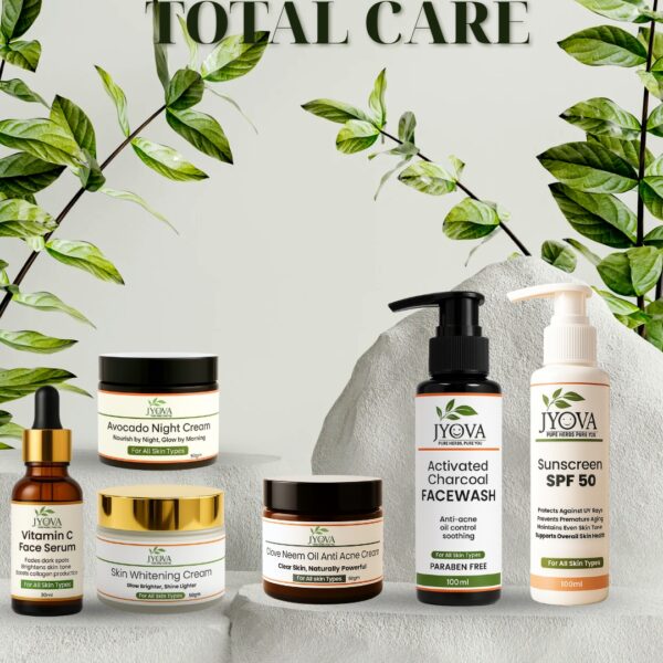 JYOVA 6 in 1 Total Skincare Combo for Men & Women | Charcoal Facewash, Sunscreen SPF 50, Vitamin C Serum, Skin Whitening Cream, Avocado Night Cream & Anti Acne Cream