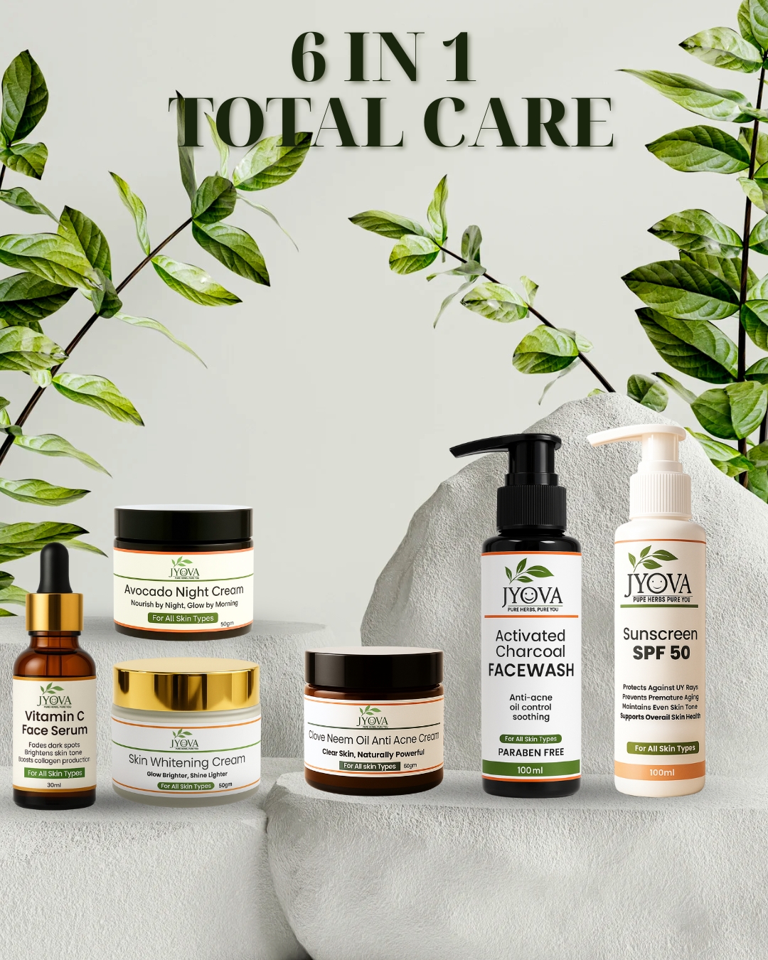 6 in 1 charcoal JYOVA 6 in 1 Total Skincare Combo for Men & Women | Charcoal Facewash, Sunscreen SPF 50, Vitamin C Serum, Skin Whitening Cream, Avocado Night Cream & Anti Acne Cream - Image 1