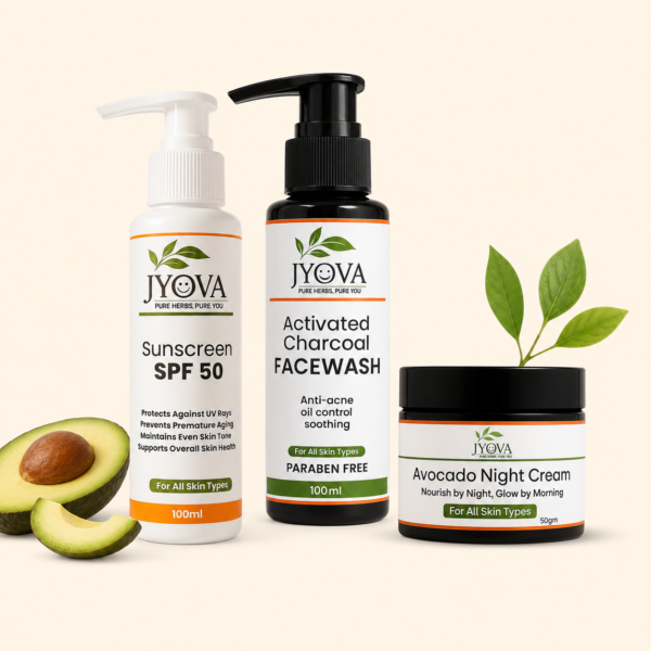 Jyova Daily Skincare Combo for Men & Women | Sunscreen SPF 50 + Activated Charcoal Facewash + Avocado Night Cream | Anti Acne, Oil Control & Glowing Skin