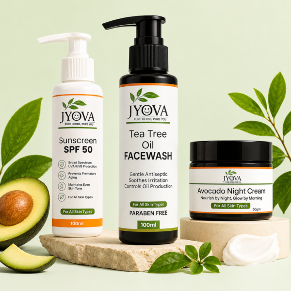 Jyova Tea Tree Skincare Combo for Men & Women | Tea Tree Facewash + Sunscreen SPF 50 + Avocado Night Cream | Anti Acne & Skin Glow Kit