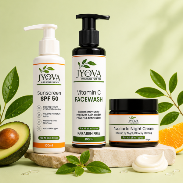 Jyova Vitamin C Skincare Combo for Men & Women | Vitamin C Facewash + Sunscreen SPF 50 + Avocado Night Cream | Glowing & Healthy Skin Care Kit