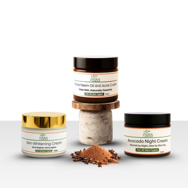 Jyova 3 Cream Skincare Combo | Clove Neem Anti Acne Cream, Skin Whitening Cream & Avocado Night Cream