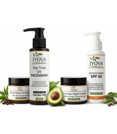 Jyova complete skincare combo with tea tree facewash SPF 50 sunscreen anti acne cream and avocado night cream