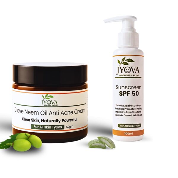 Jyova Anti Acne & Sun Protection Skincare Combo – Clove Neem Oil Anti Acne Cream 50g + SPF 50 Sunscreen 100ml | Daily Face Care for Acne-Prone Skin & Sun Protection