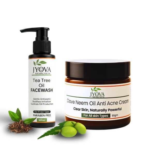 Jyova Tea Tree Oil Facewash & Clove Neem Oil Anti Acne Cream Combo – 100ml Face Wash + 50g Anti Acne Cream | Daily Face Care for Acne-Prone, Oily & Combination Skin